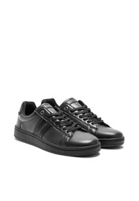 Sneakers neri in pelle con superficie liscia, cuciture a contrasto, design con lacci e suola in gomma a profilo basso.