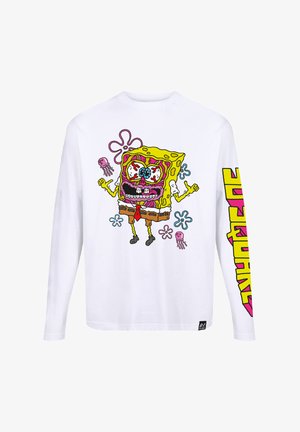 Long-sleeve white shirt featuring a colorful cartoon graphic of a skull-themed SpongeBob, with pink and yellow accents on the sleeve.