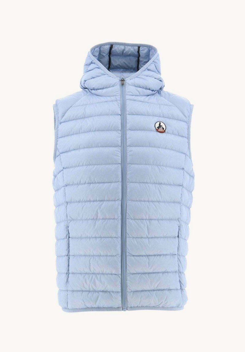 Helles blaues, ärmelloses Puffer-Weste mit Kapuze, mit horizontalem Steppmuster, Frontreißverschluss und einem runden Logo auf der linken Brust.