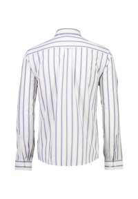 Camicia a maniche lunghe a righe bianche e azzurro chiaro, con colletto classico, polsini con bottoni e design posteriore dritto con pieghe laterali.