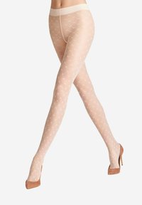 Calze a rete beige con motivo a rombi, realizzate in un materiale liscio e trasparente, con una vita morbida. Indossate con tacchi alti.