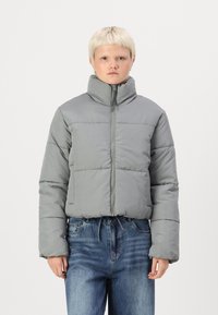 Giacca grigia gonfiata con colletto alto, zip anteriore e orlo elastico. Presenta sezioni cucite e maniche larghe. Abbinata a jeans in denim blu.