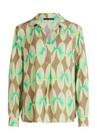 Blusa a maniche lunghe con colletto, motivo geometrico verde e beige, e vestibilità rilassata in tessuto leggero.