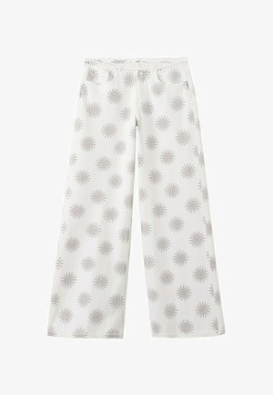 Pantalon blanc à jambes larges avec motifs de soleil gris, poches avant, bouton et fermeture éclair.