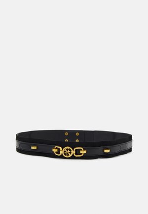 Ceinture de taille en cuir noir avec une boucle décorative dorée comportant des anneaux entrelacés et un emblème circulaire au centre.