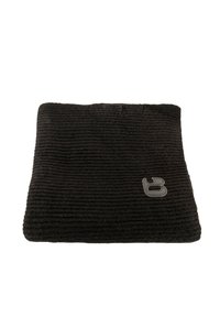 Couverture noire texturée avec un tissu rainuré, arborant un petit logo gris. Forme rectangulaire avec un matériau doux et pelucheux.