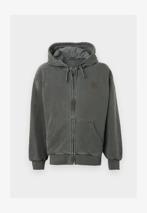 Pelēka ekrāna kapuce ar faktūru, ar savelkamām auklām, kengura kabatām un ribinātiem piedurknēm. Uz krūtīm ir neliela logo uzlīme.