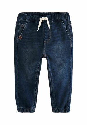 Pantalon en jean bleu foncé avec une taille élastique, un cordon blanc et des poches latérales. Les bords sont froncés pour une coupe effilée.