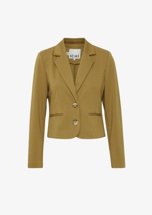 Olivroheline bleiser, mis on valmistatud pehmest kangast, millel on terav krae, esikotid ja kaks nööpi. Ühendatud lõige ja sile tekstuur.