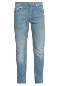 Světle modré džínsy s přímým střihem nohavic. Mají pět kapes, jemně vybledlé části a oranžové švy na kapsách a v pase.