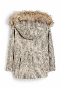 Tweedkappa med en texturerad herringbone-mönster i beige och brunt. Har en huva med konstpäls och en veckad rygg för extra detaljer.