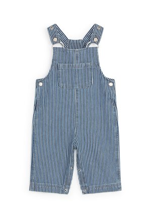 Blauw-witte, verticaal gestreepte kinder denim tuinbroek met verstelbare schouderbanden en een borstzak aan de voorkant.