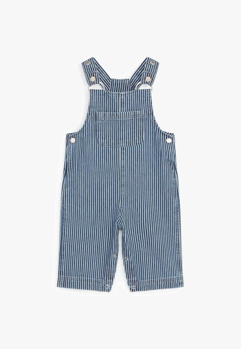 Salopette en denim rayée verticalement bleu et blanc pour enfant, avec bretelles ajustables et poche poitrine avant.