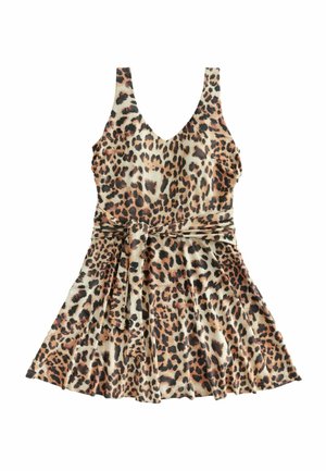 Klänning med leopardmönster, V-utrining, ärmlös design och knytbälte. Tillverkad av mjukt tyg med en utsvängd kjol och plisserad textur.