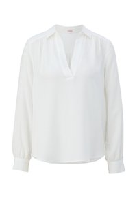 Blusa bianca a maniche lunghe con scollatura a V e colletto strutturato. Presenta dettagli arricciati sulle spalle e polsini con bottoni.