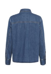 Keskmise sinise tooni teksajakk, sirge lõikega, nööpidega mansetid ja kontrastõmblused õmbluste ääres. Tagantvaade, lisainfot pole.