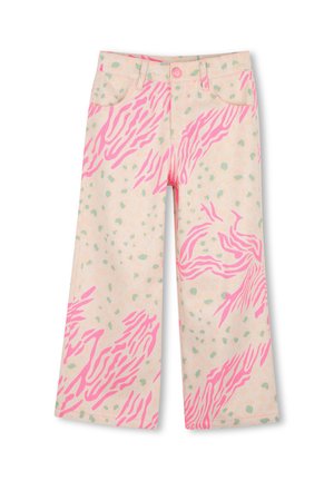 Pantalon large pour enfants avec base beige, taches vertes et rayures abstraites roses rappelant une zèbre, avec poches avant et fermeture par boutons.