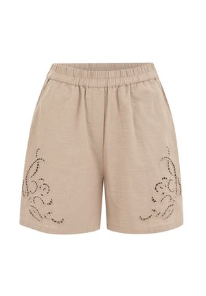 Beige elastiske shorts med broderede blomsterudskæringer på frontbenpanelerne, fremstillet af let tekstureret stof.