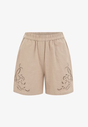 Beežid elastse vöökohaga lühikesed püksid, millel on esipaneelidel lillelise lõikega tikand, valmistatud kergest tekstureeritud kangast.