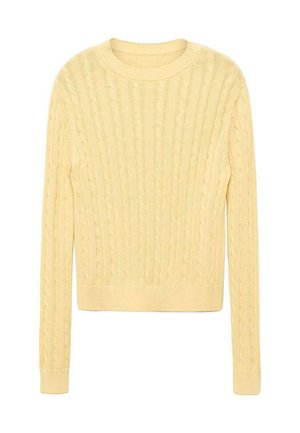 Maglione lavorato a maglia giallo chiaro con scollatura a girocollo, caratterizzato da un motivo a treccia testurizzato e maniche lunghe, rifinito con un orlo a coste.