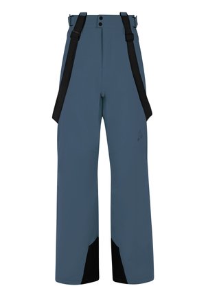 Pantalons de ski imperméables en bleu marine avec des accents noirs, dotés de bretelles noires réglables et d'une coupe droite.