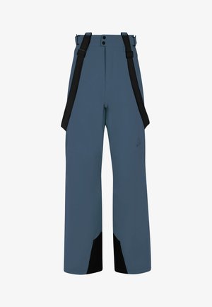 Water-resistant ski pants in dark blue with black accents, featuring adjustable black suspenders and a straight-leg design.