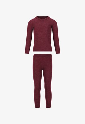 Bordeaux thermoshirt en legging set. Zacht, rekbaar materiaal met lange mouwen en een aansluitend ontwerp. Eenvoudige, effen kleur zonder patronen.