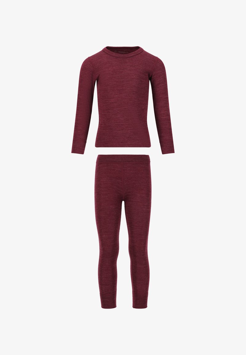Ensemble de haut thermique et leggings bordeaux. Tissu doux et extensible avec des manches longues et une coupe ajustée. Couleur unie simple sans motifs.