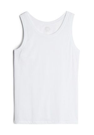 Camiseta de algodón blanca, diseño sin mangas, escote redondeado, textura suave y bajo recto. Sin patrones ni detalles adicionales.