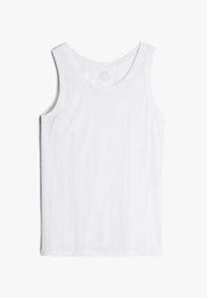 Camiseta de algodón blanca, diseño sin mangas, escote redondeado, textura suave y bajo recto. Sin patrones ni detalles adicionales.