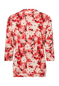 Long-sleeve top featuring a floral pattern in shades of red, pink, and black on a light background, made from soft, lightweight fabric.