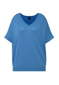 Blå V-ringad oversized T-shirt i ett mjukt tyg, med korta ärmar och en avslappnad passform med ribbat fåll.