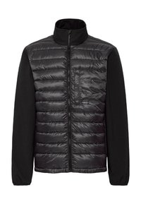 Svart jakke med forsynt nylon front og kontrastfargede svarte fleece-ermer. Har høy krage, hel glidelås og sidelommer.