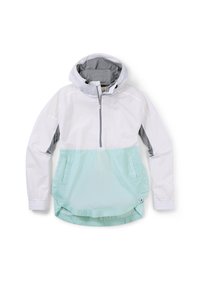 Weißer und helltürkiser Windbreaker mit Kapuze, halbem Reißverschluss, Seitentaschen und elastischen Bündchen. Glattes, leichtes Material mit Farbverlauf.