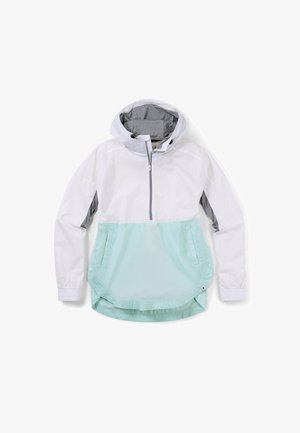 Biała i jasnoniebieska kurtka przeciwdeszczowa z kapturem, pół-zamek z przodu, boczne kieszenie i elastyczne mankiety. Gładki, lekki materiał z gradientem kolorów.