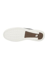 Dockers footwear with a white textured rubber outsole, dark gray upper, and brown branding accent. Diamond pattern on the sole surface.