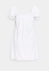 Weißes, kurzes Kleid mit Puffärmeln und einem gerafften Oberteil. Besitzt zarte, gestickte Blumenmuster auf dem Stoff.