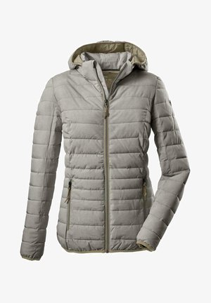 Jasnoszara kurtka puchowa z poziomym pikowaniem, kapturem i długimi rękawami. Posiada centralny zamek błyskawiczny oraz dwie przednie kieszenie. Podszewka wewnętrzna.