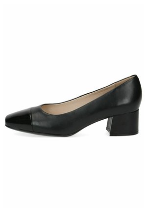 Black leather pump shoe with a rounded toe and patent leather cap, low block heel, smooth texture, and minimalistic design.