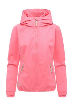 Pink hættetrøje med frontlynlås, sidelommer med lynlås og elastiske manchetter, designet til kvinder.