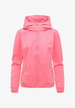 Rosa hettejakke med frontglidelås, sidelommer med glidelås og elastiske mansjetter, designet for kvinner.