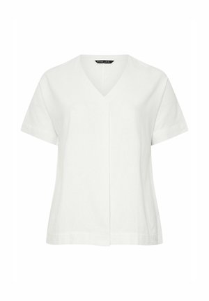 Biała bluzka z krótkim rękawem i dekoltem w kształcie litery V, o luźnym kroju i z pionowym, centralnym przeszyciem.