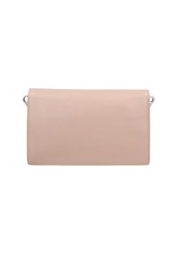 Borsa a pochette rettangolare in pelle rosa chiaro con texture liscia, caratterizzata da una cucitura sottile e accessori metallici sui lati.