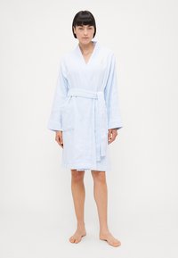 Light blue bathrobe made of soft terrycloth. Features a wrap design, belted waist, and two front pockets with textured cuffs.
