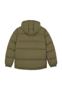 Oliwkowa puchowa kurtka z kapturem, z pikowanym wzorem, elastycznymi mankietami i miękką, gładką fakturą. Widok z tyłu.