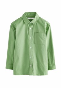 Chemise verte à manches longues en coton avec un col boutonné, une poche avant et des boutons blancs, présentant une texture lisse et un design décontracté.