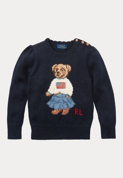 Marineblauer Pullover mit Knöpfen an der Schulter, mit einem Bären in weißem Pullover mit US-Flagge und blauem Rock, mit roten "RL" Initialen.