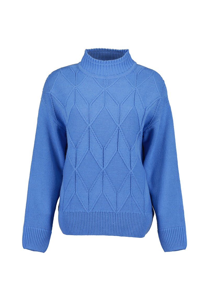 Niebieski sweter dzianinowy z wysokim kołnierzem, wzorem w romby, ściągaczami przy mankietach i u dołu, w luźnym fasonie i fakturowanej tkaninie.