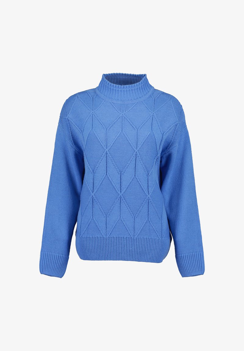 Niebieski sweter dzianinowy z wysokim kołnierzem, wzorem w romby, ściągaczami przy mankietach i u dołu, w luźnym fasonie i fakturowanej tkaninie.
