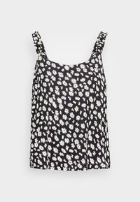Black sleeveless top with white daisy print, featuring ruched straps and a relaxed fit. Fabric is lightweight and textured.